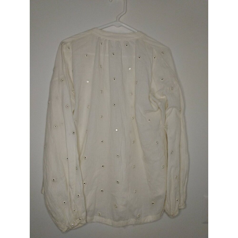 By Together Women's Size Small Long Sleeve Blouse Cream Mirror Stitched Raw Hem - Picture 2 of 6